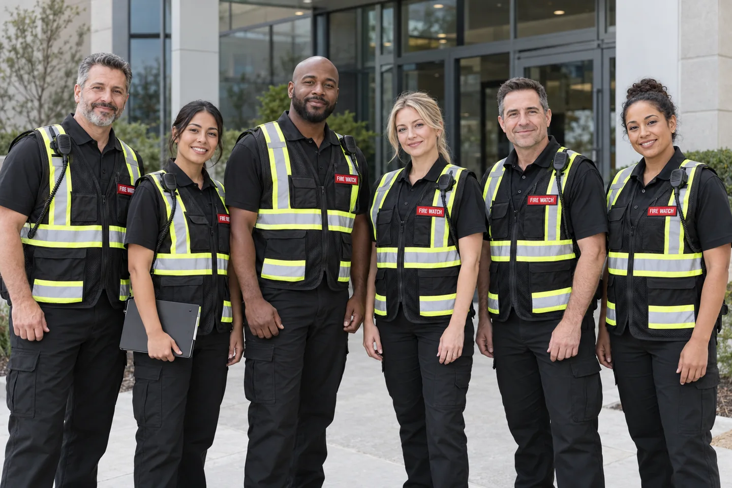 Six fire watch personnel in coordinated uniforms