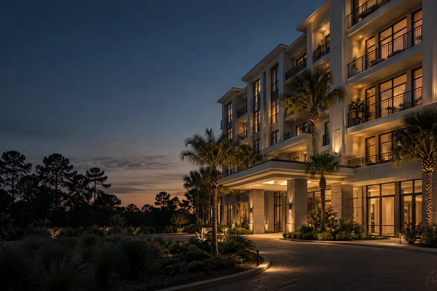 An illuminated coastal hotel-style property